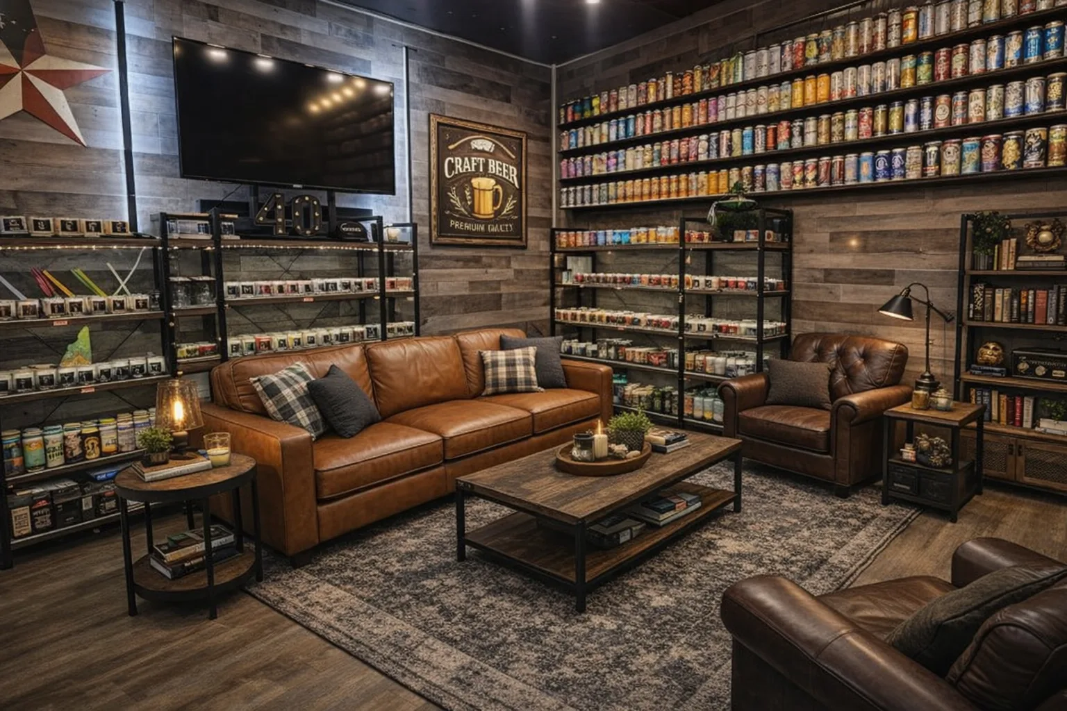 CandleTree Soy Candles store interior — leather chairs and candle-lined shelves in downtown Concord NH